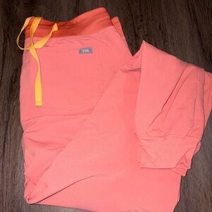 Figs Coral Technical Scrub Joggers with Yellow Accent